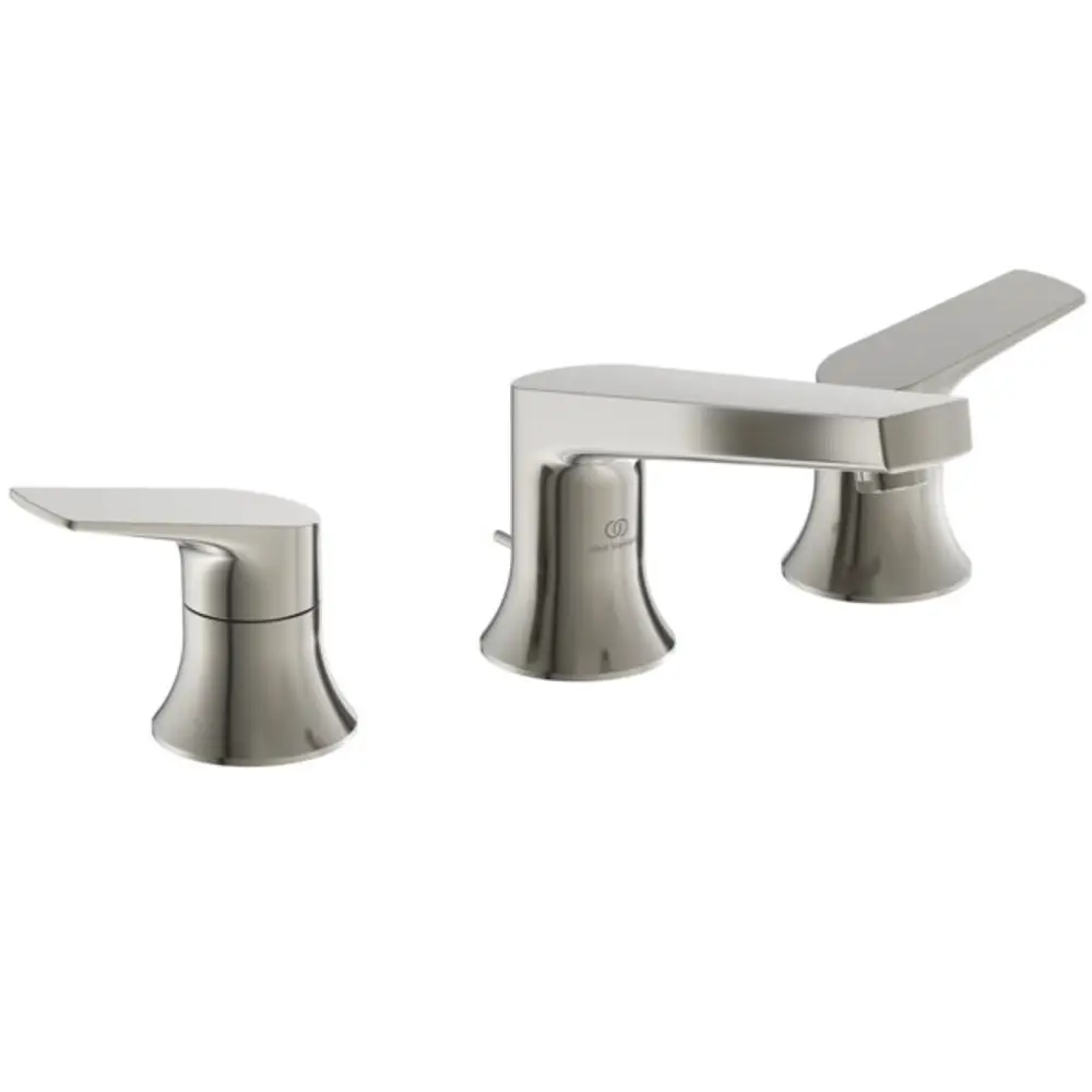 Waschtischarmatur mit drei Ausläufen und Hebeln in verchromtem Finish von Ideal Standard, geeignet für moderne Badezimmer-Installationen.